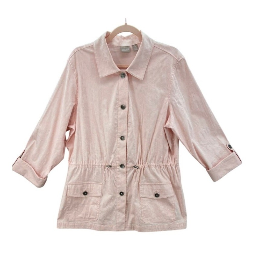 Chico's Utility Jacket Womens 3 XL Pink Floral Jacquard‎ Drawstring Waist